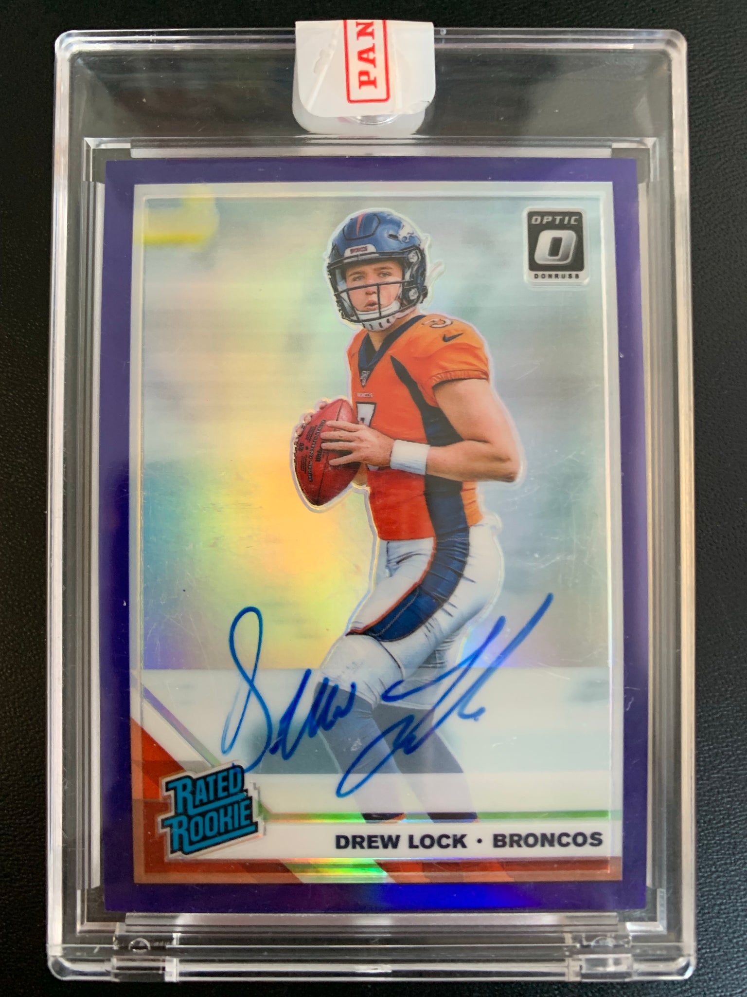 2019 PANINI DONRUSS OPTIC FOOTBALL #153 DENVER BRONCOS - DREW LOCK RATED ROOKIE PURPLE PARALLEL AUTO NUMBERED 29/35