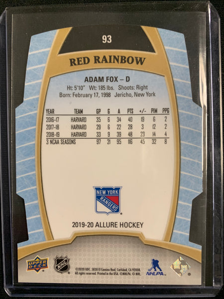 2019-20 UPPER DECK ALLURE HOCKEY #93 NEW YORK RANGERS - ADAM FOX RED RAINBOW PARALLEL DIE CUT ROOKIE CARD