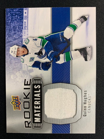 2019-20 UPPER DECK SERIES 2 HOCKEY #RM-QH VANCOUVER CANUCKS - QUINN HUGHES ROOKIE MATERIALS ROOKIE CARD