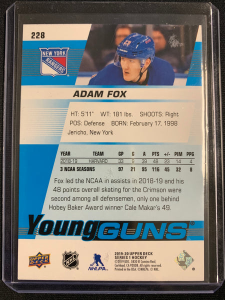 2019-20 UPPER DECK HOCKEY #228 NEW YORK RANGERS - ADAM FOX YOUNG GUNS ROOKIE CARD