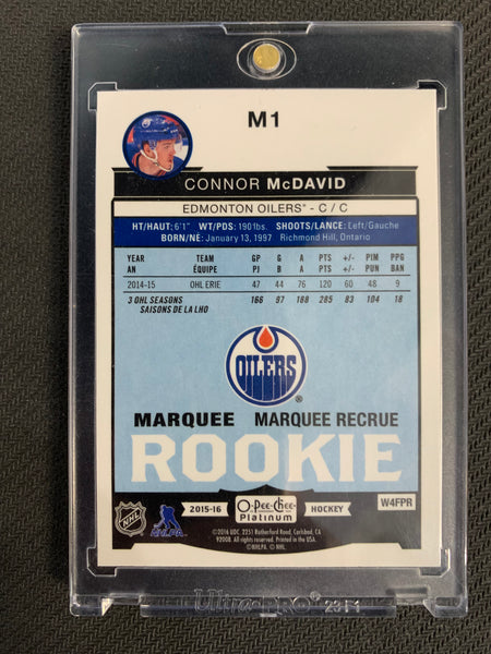 2015-16 UD OPC PLATINUM HOCKEY #M1 EDMONTON OILERS - CONNOR MCDAVID FOIL MARQUEE ROOKIE CARD