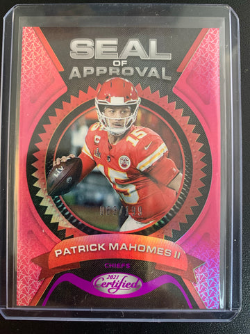 2021 PANINI CERTIFIED FOOTBALL #SA-14 KANSAS CITY CHIEFS - PATRICK MAHOMES PINK PARALLEL SP SEAL OF APPROVAL 063/199