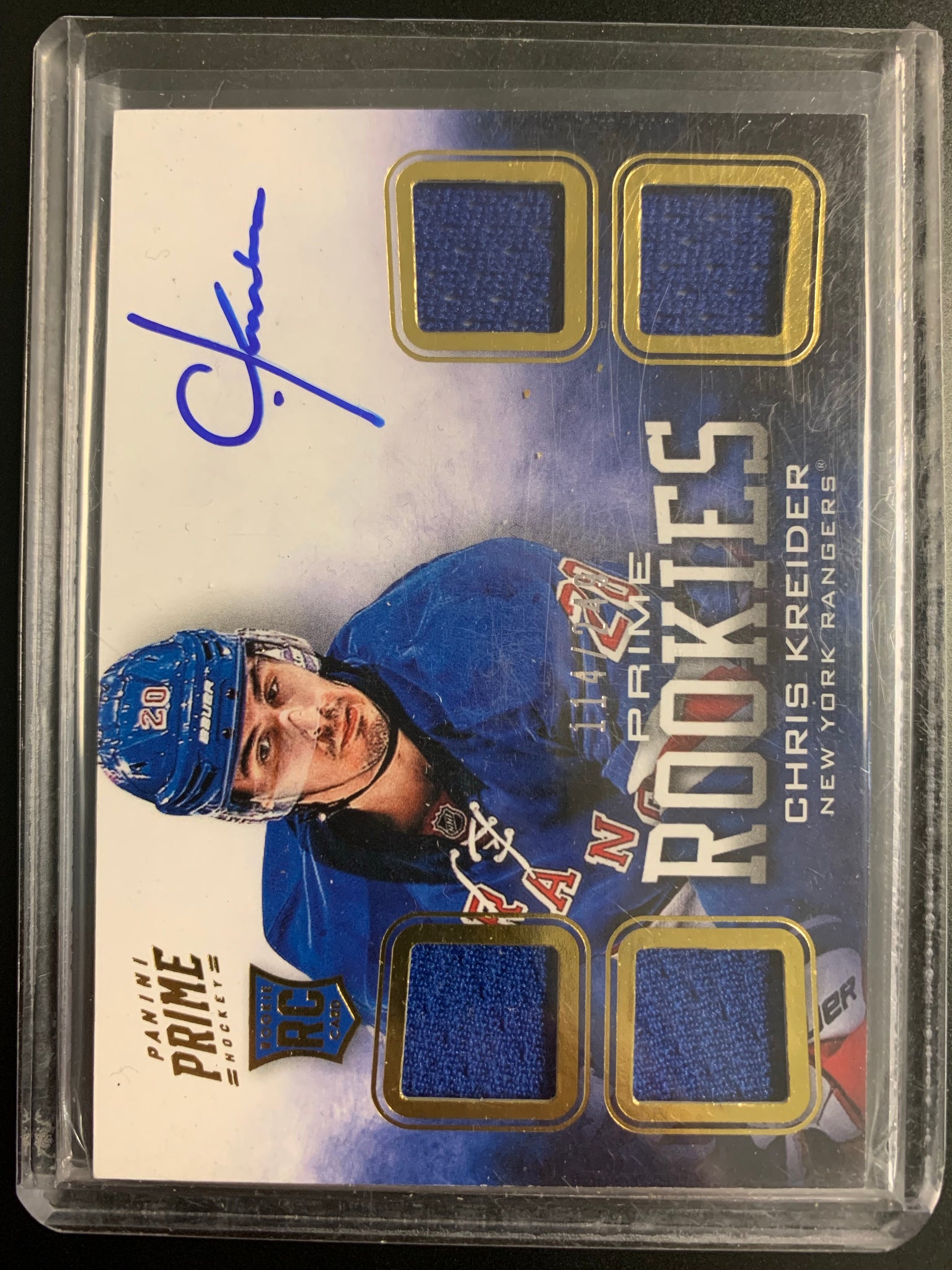 2013 PANINI HOCKEY #137 NEW YORK RANGERS - CHRIS KREIDER PRIME ROOKIES QUAD PATCH AUTO NUMBERED 114/249 ROOKIE CARD