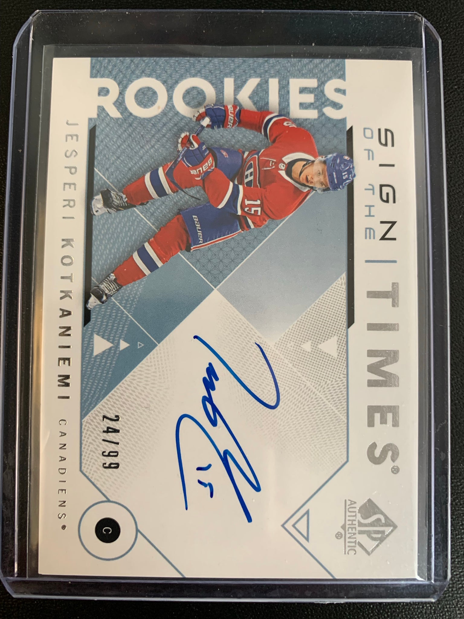 2018-19 UD SP AUTHENTIC HOCKEY #SOTR-JK MONTREAL CANADIENS - JESPERI KOTKANIEMI SIGN OF THE TIMES AUTO ROOKIE CARD NUMBERED 24/99