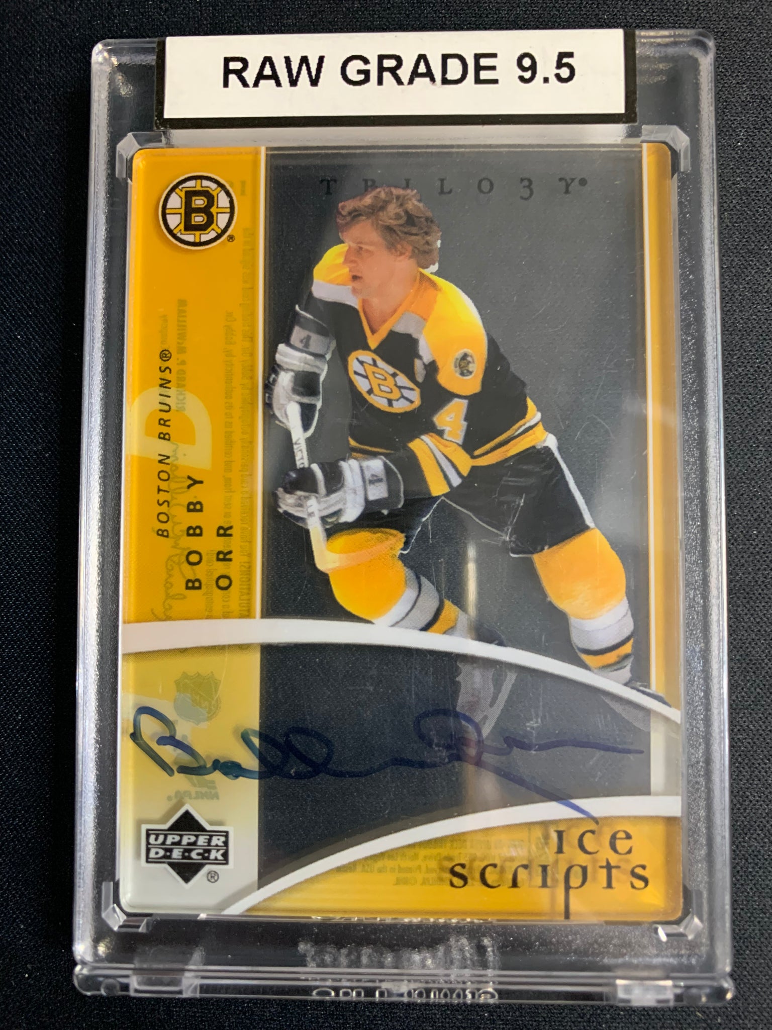 2007-08 UPPER DECK TRILOGY HOCKEY #IS-OR BOSTON BRUINS - BOBBY ORR ICE SCRIPTS ON CARD AUTO RAW GRADED KSA 9.5