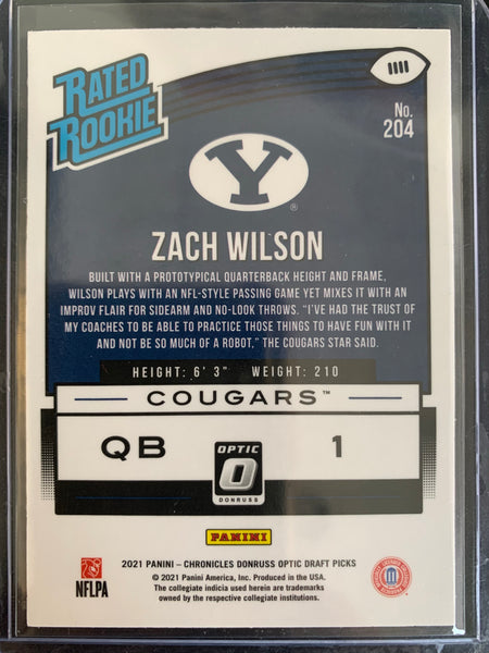 2021 PANINI CHRONICLES DRAFT PICKS FOOTBALL #204 NEW YORK JETS - ZACH WILSON OPTIC RATED ROOKIE CARD