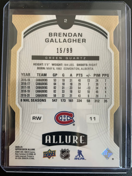 2020-21 UPPER DECK ALLURE HOCKEY #2 MONTREAL CANADIENS - BRENDAN GALLAGHER GREEN QUARTZ SP VARIATION 15/99