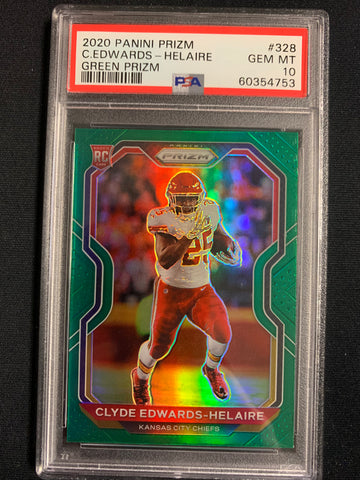 2020 PANINI PRIZM FOOTBALL #328 KANSAS CITY CHIEFS - CLYDE EDWARDS-HELAIRE PRIZM GREEN SP ROOKIE CARD GRADED PSA 10 GEM MINT