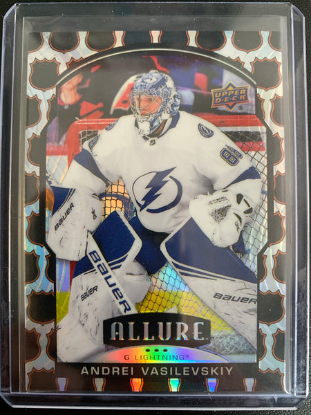 2020-21 UPPER DECK ALLURE HOCKEY #11 TAMPA BAY LIGHTNING - ANDREI VASILEVSKIY "NHL SHIELD 1945" INSERT CARD NUMBERED 17/45