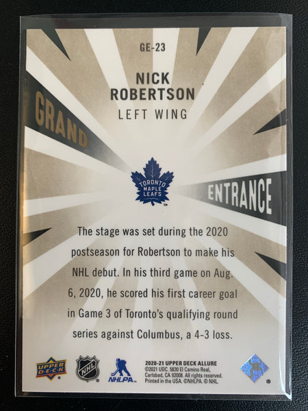 2020-21 UPPER DECK ALLURE HOCKEY #GE-23 TORONTO MAPLE LEAFS - NICK ROBERTSON "GRAND ENTRANCE" INSERT ROOKIE CARD