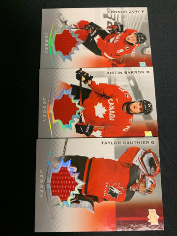 2021 UPPER DECK TEAM CANADA JUNIORS HOCKEY JERSEY LOT - CONNOR ZARY #6 , JUSTIN BARRON #13 , TAYLOR GAUTHIER #15